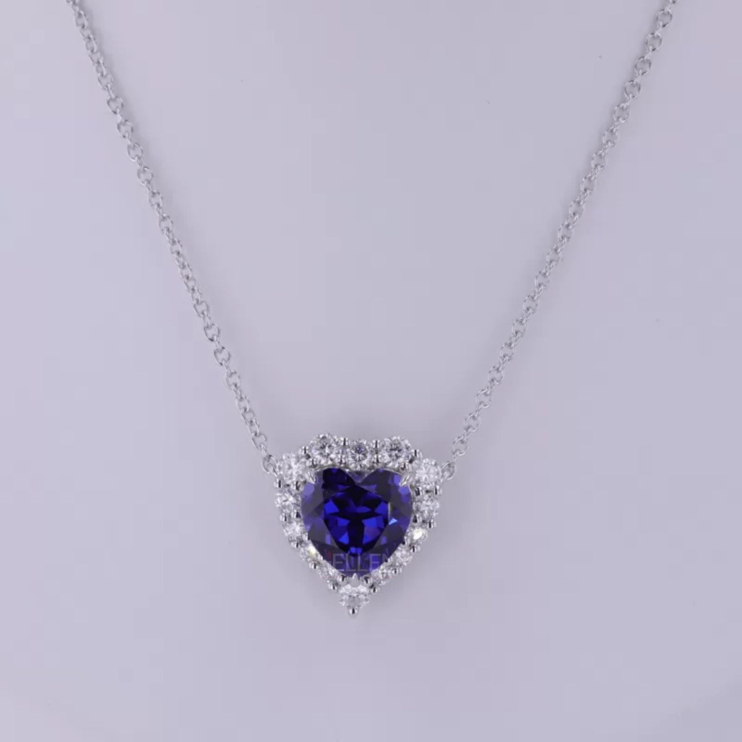 Heart Blue Sapphire Gemstone with Halo Moissanite Necklace