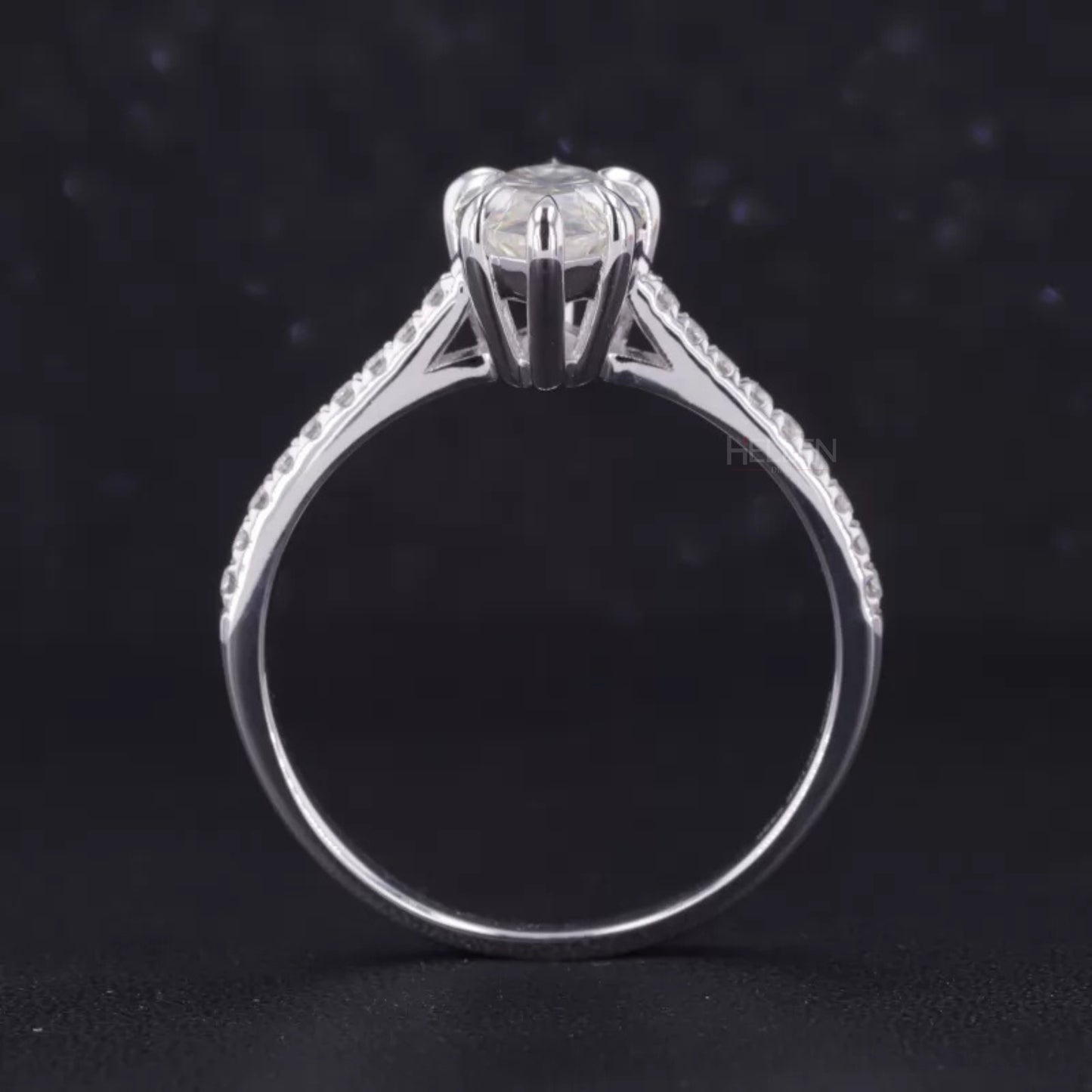 Marquis Cut Moissanite Solitaire with Claws Prong Pave Ring