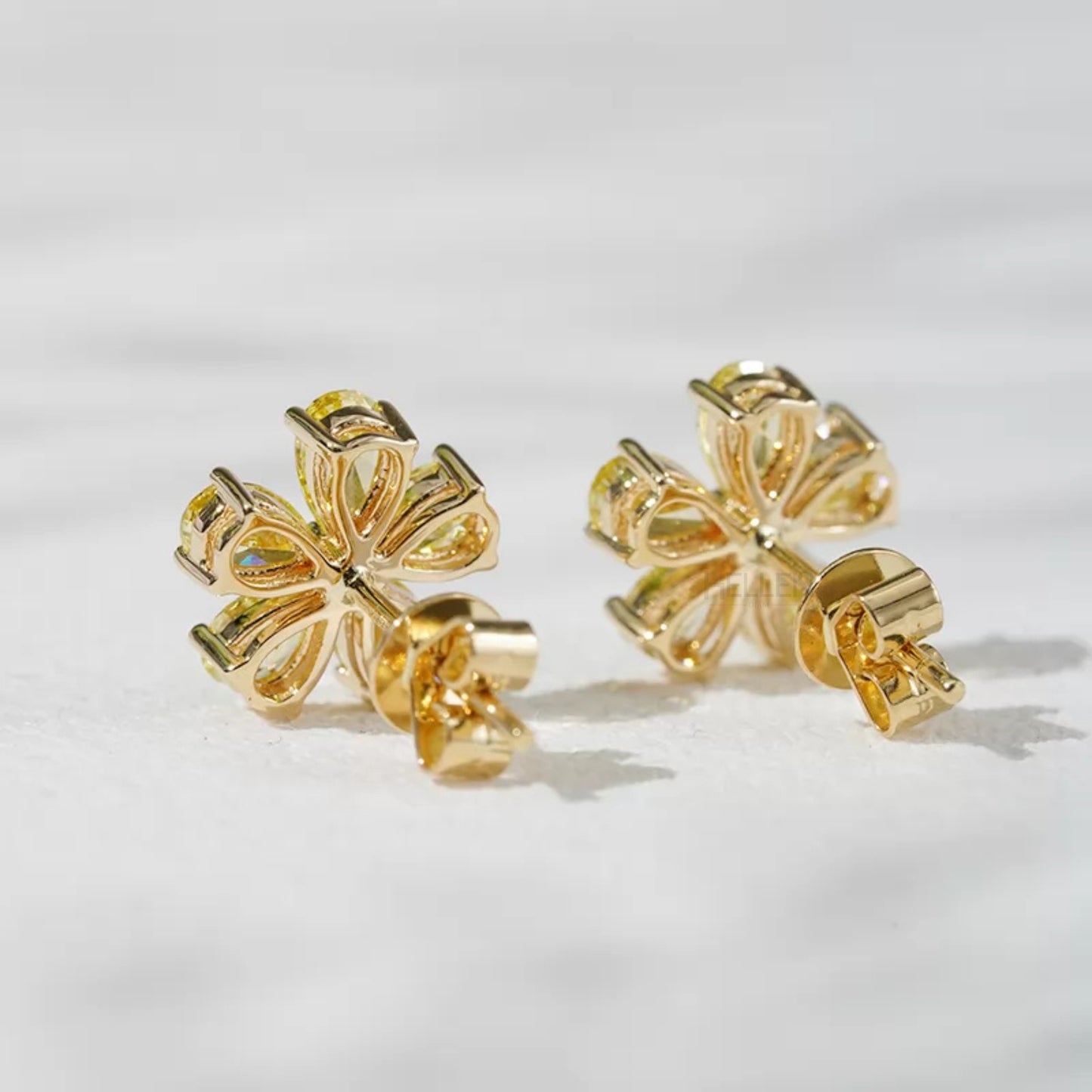 Pear Shaped Yellow Sapphire Flower Stud Earrings - 925 Silver
