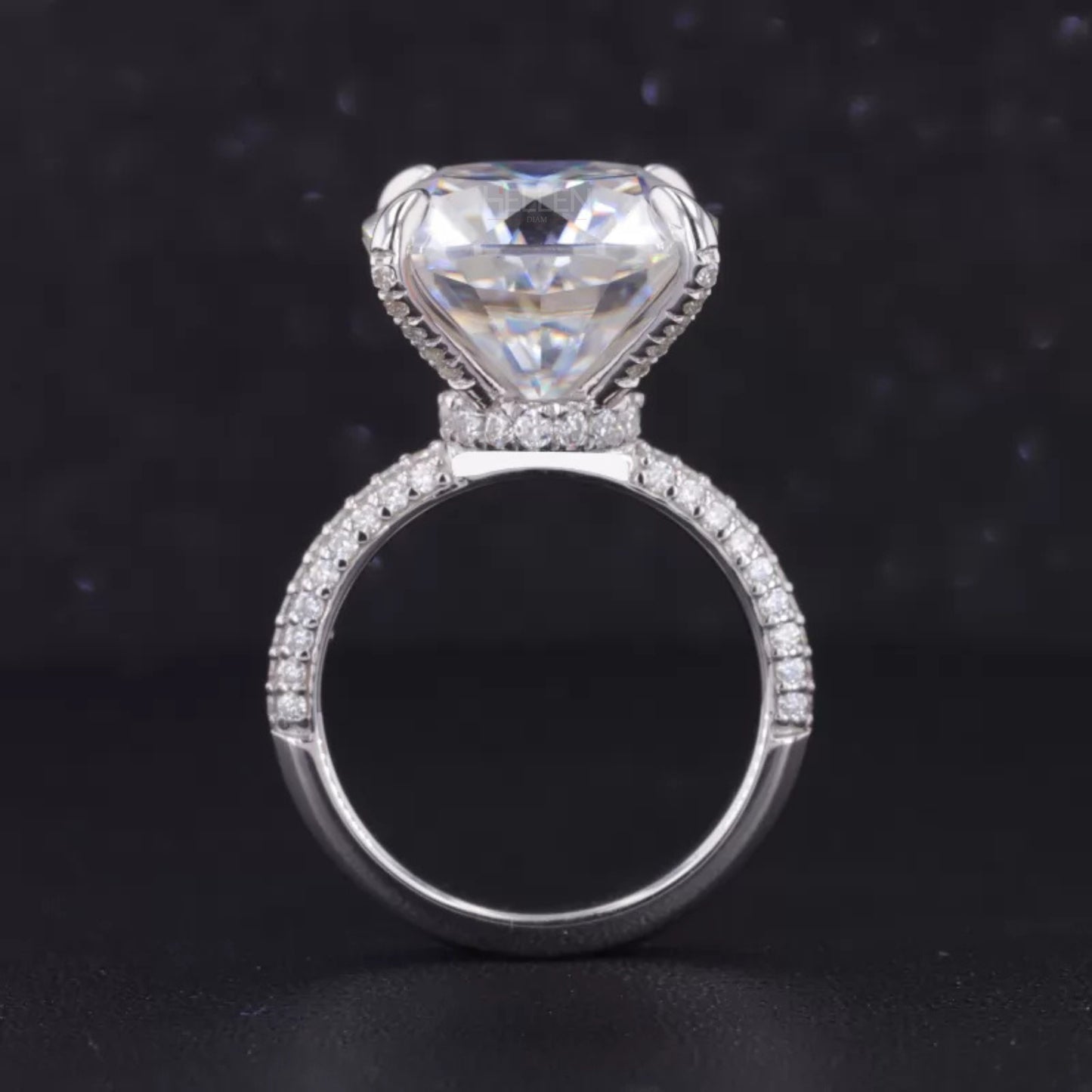 10 Ct Cushion Cut Solitaire Moissanite Hidden Halo & Round Side Ring
