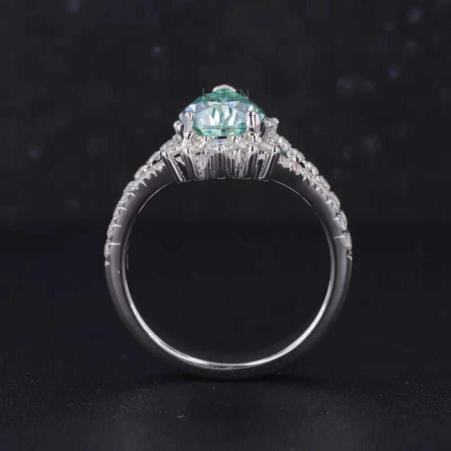 Blue-Green Pear & Round Moissanite Split Shank Engagement Ring