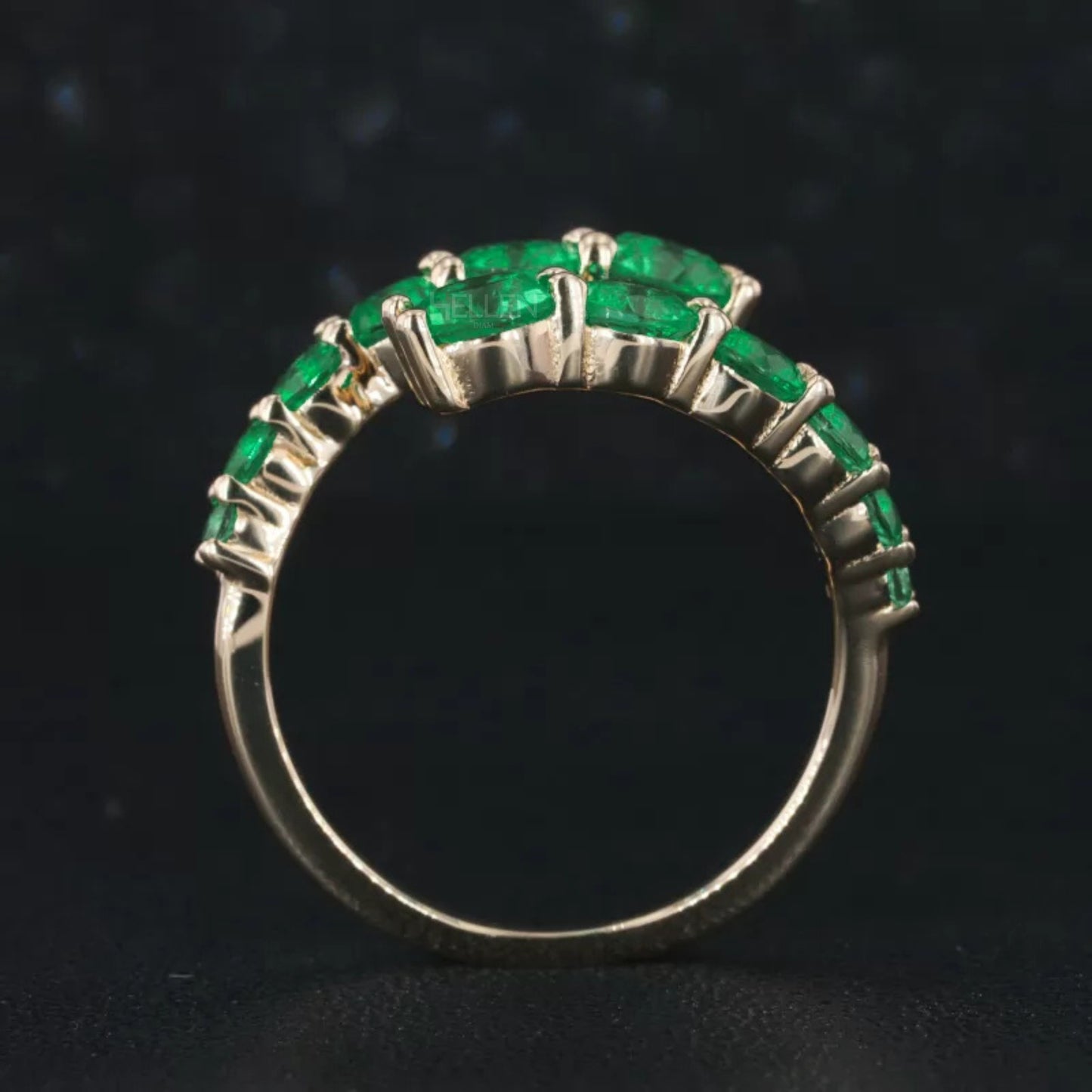 Round Cut Green Emerald Open Gap Wedding Band