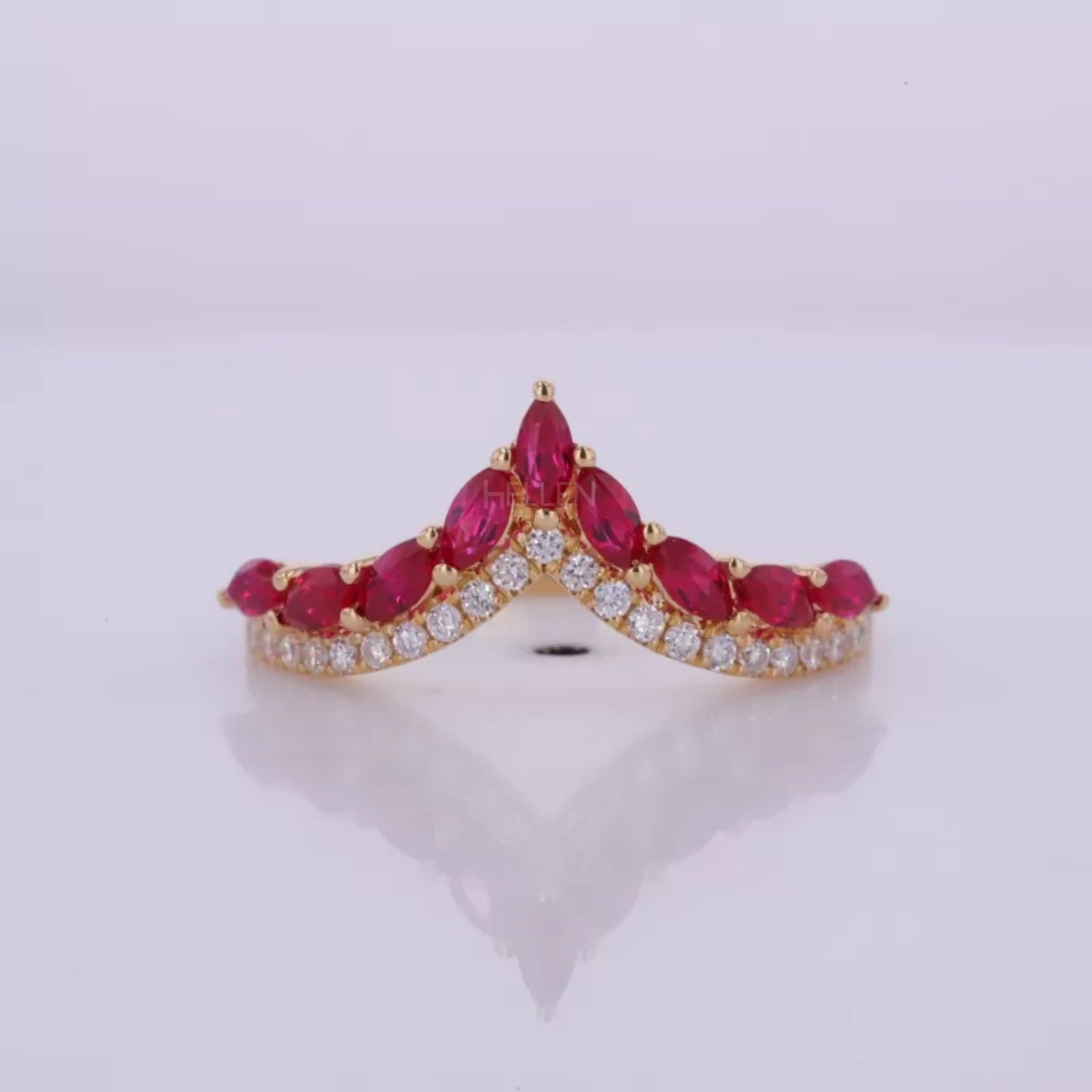 Red/Ruby Gemstone and Moissanite V-Shaped Ring – Eye-Catching