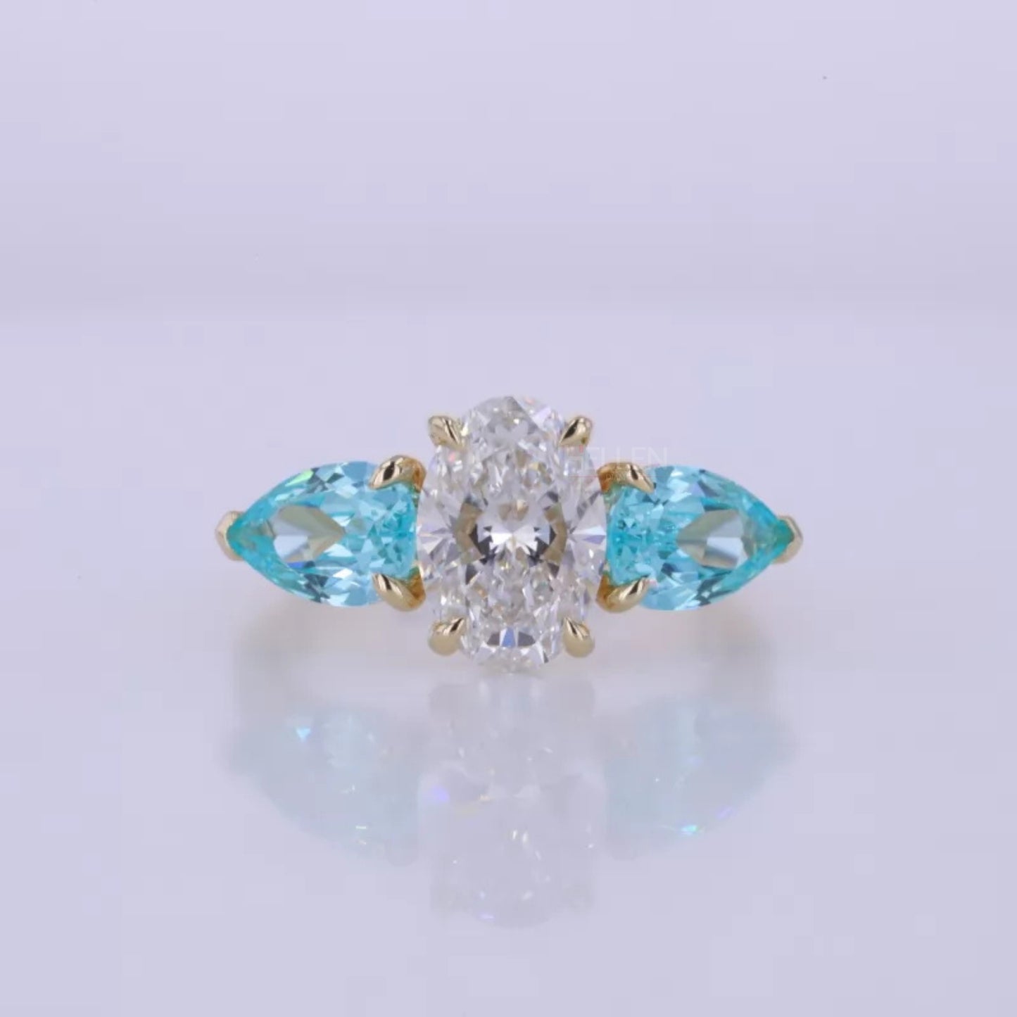 Aquamarine Pear & Oval Cut Moissanite 3 Stone Engagement Ring
