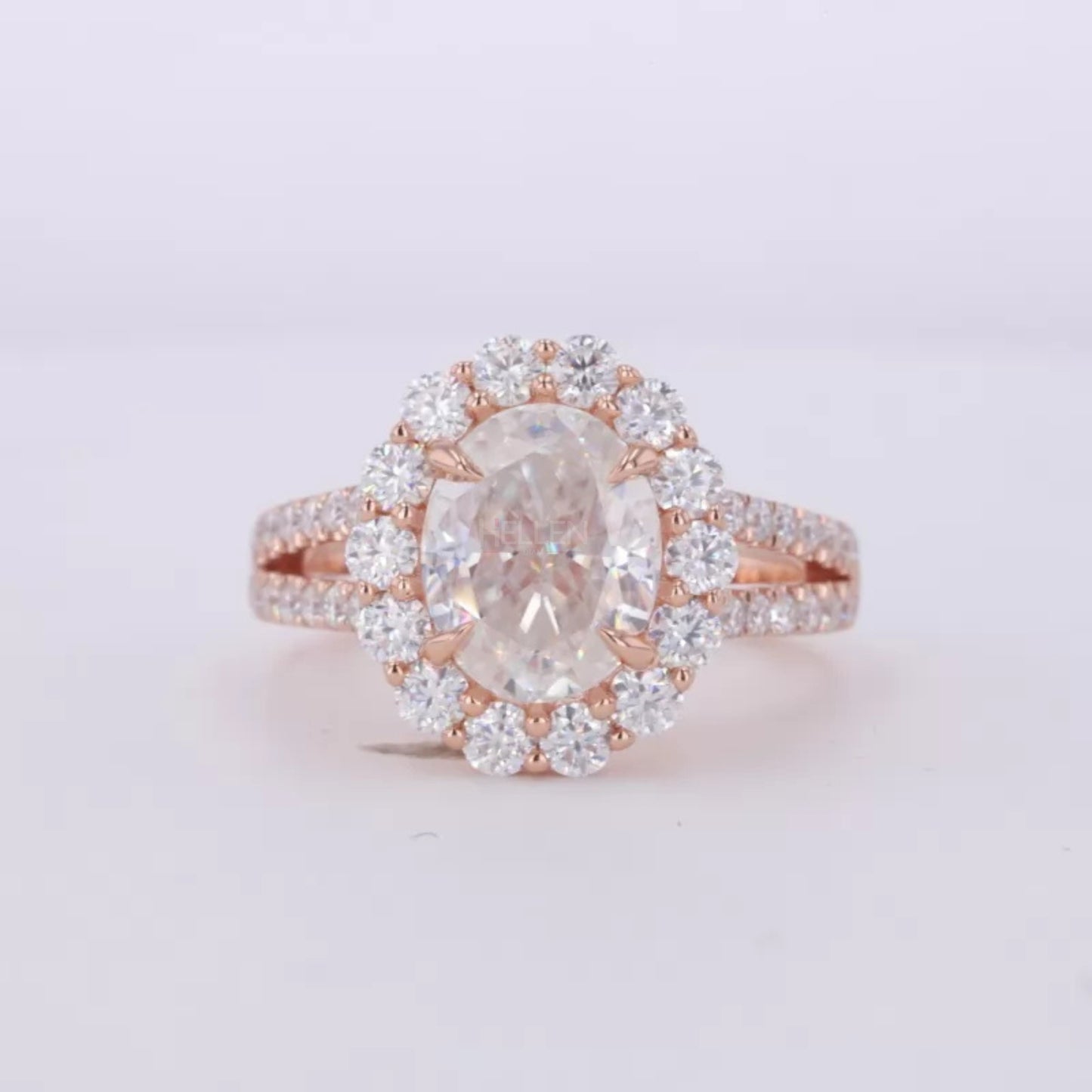 Oval Cut Halo Split Shank Moissanite Engagement Ring