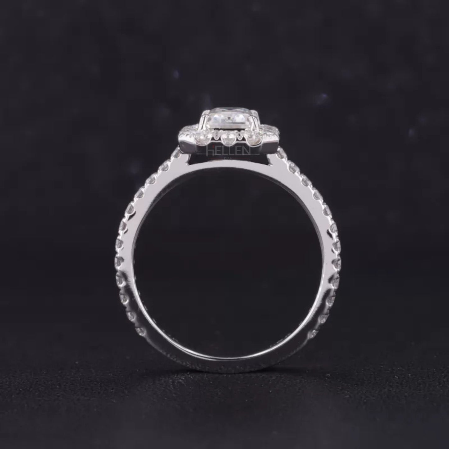 Center Emerald Cut And Round Halo Moissanite Engagement Ring
