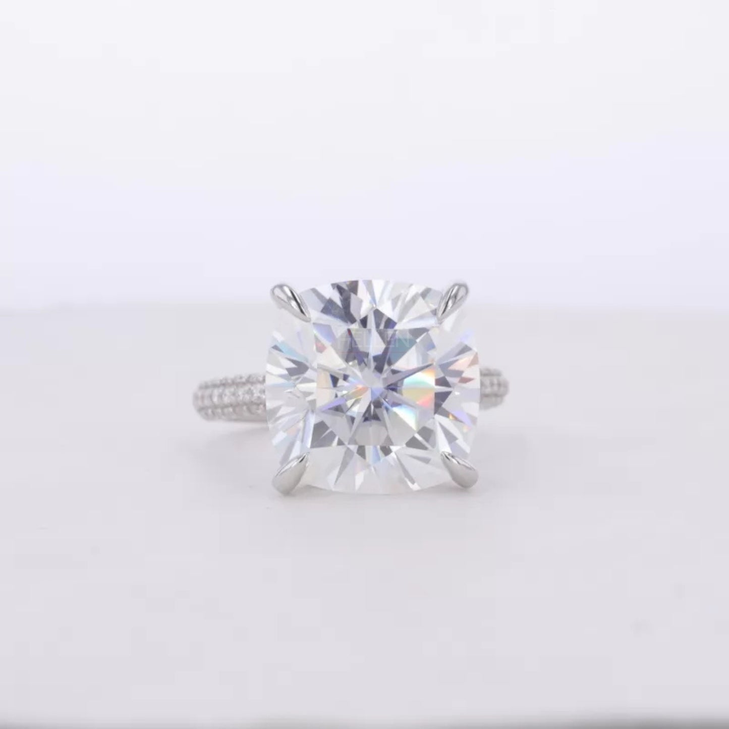 10 Ct Cushion Cut Solitaire Moissanite Hidden Halo & Round Side Ring