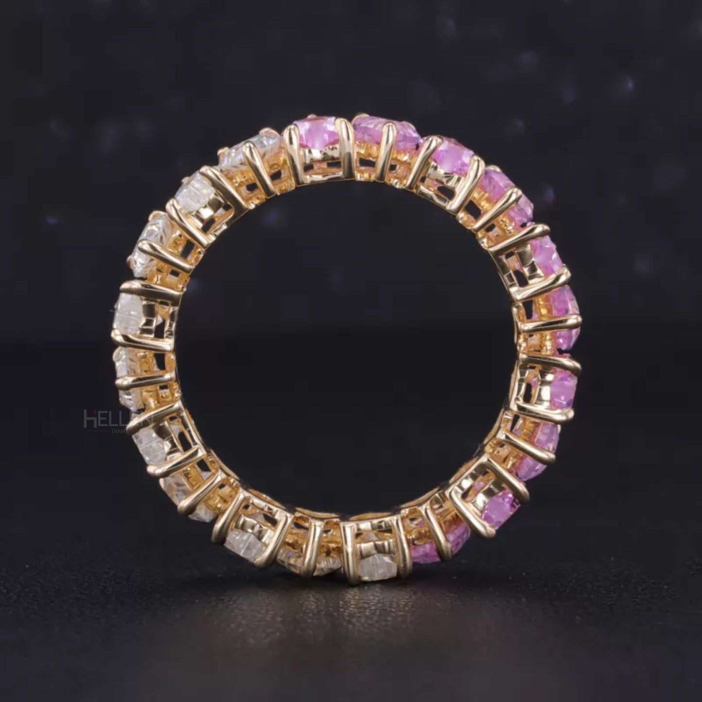 Half Pink Gemstone & Moissanite Heart Cut Wedding Band