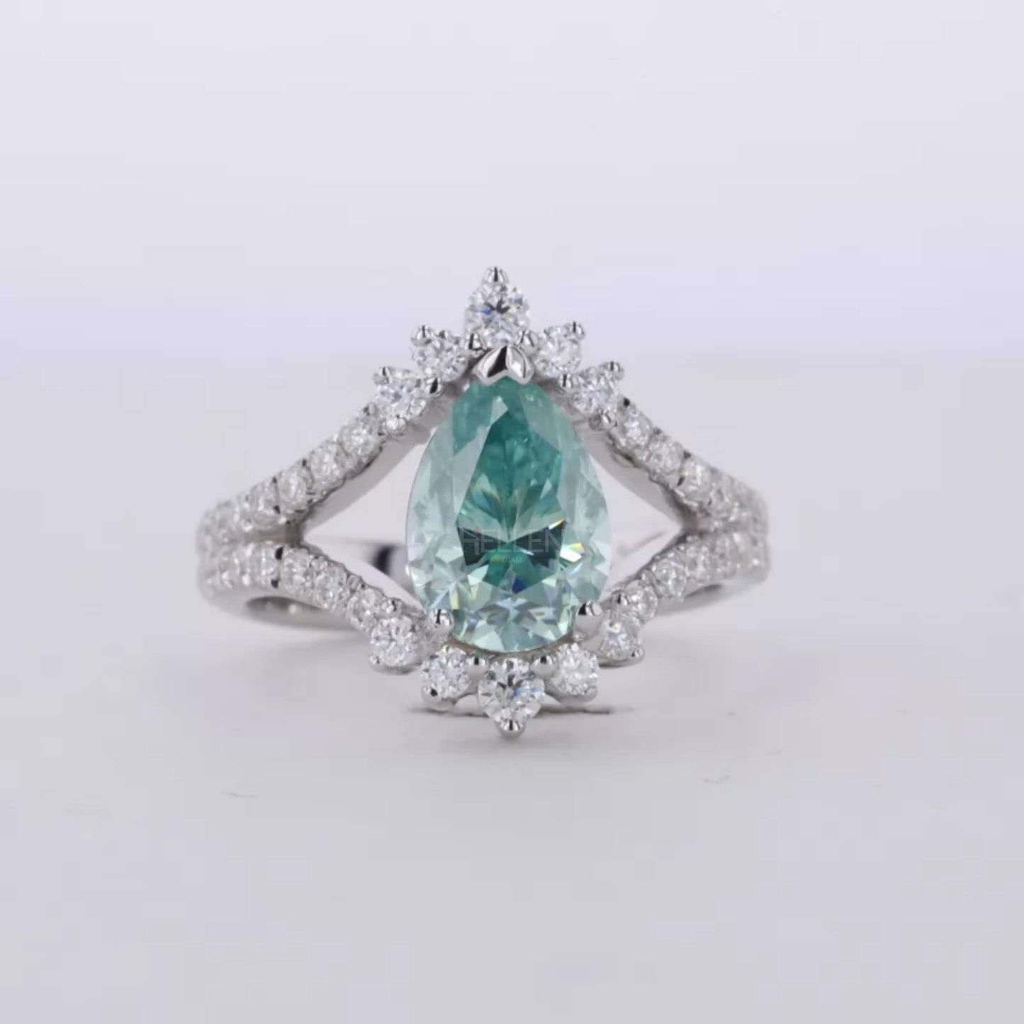 Blue-Green Pear & Round Moissanite Split Shank Engagement Ring