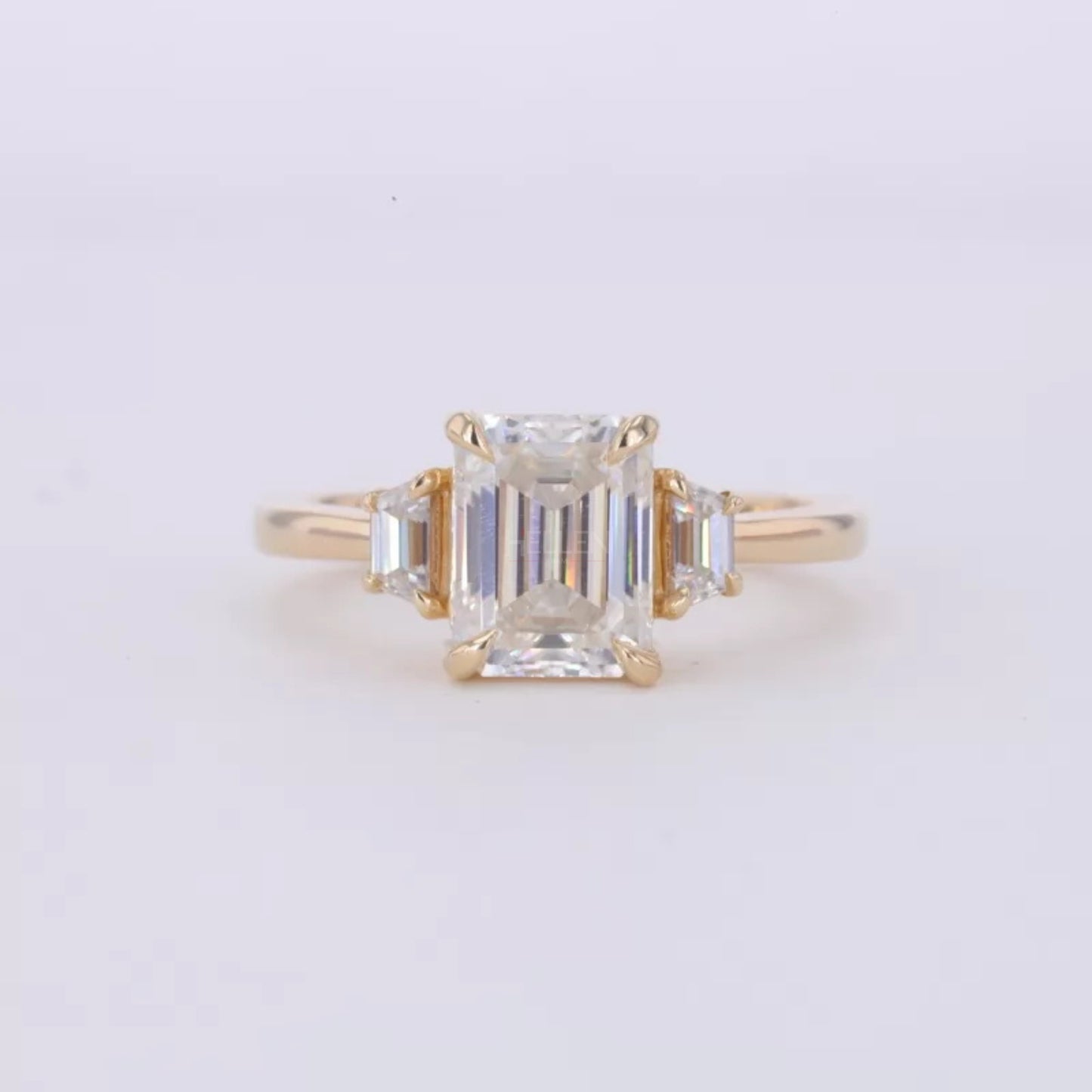 Three Stone Emerald Cut Moissanite Engagement Ring
