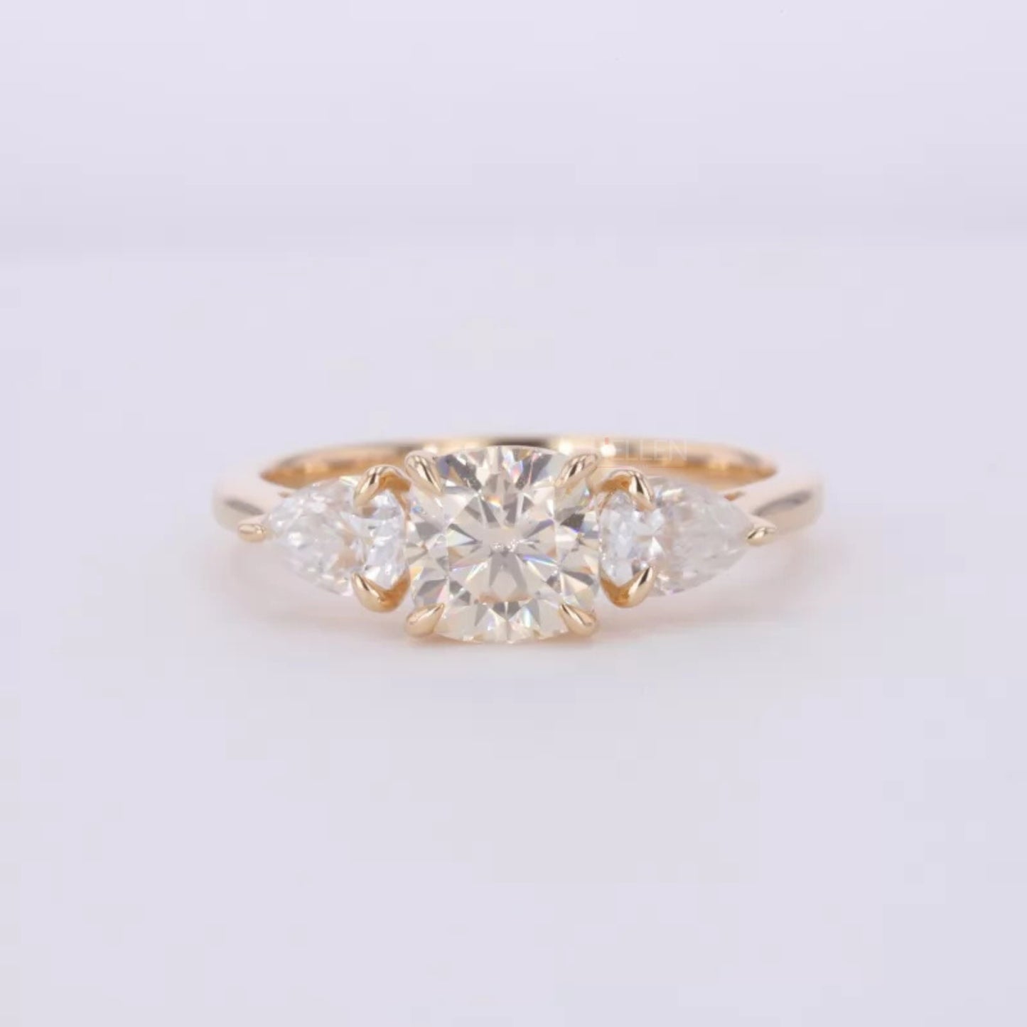 Centre Cushion And Pear Side Moissanite 3 Stone Ring