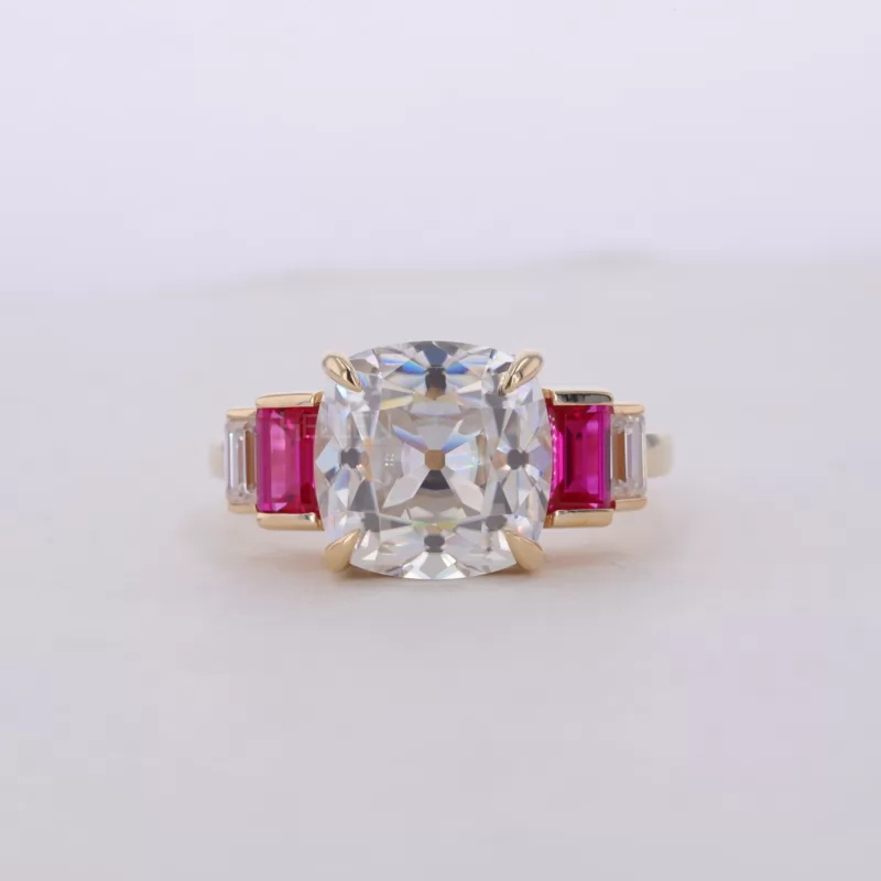 Cushion Old European Cut with Emerald & Ruby Side Stone Ring