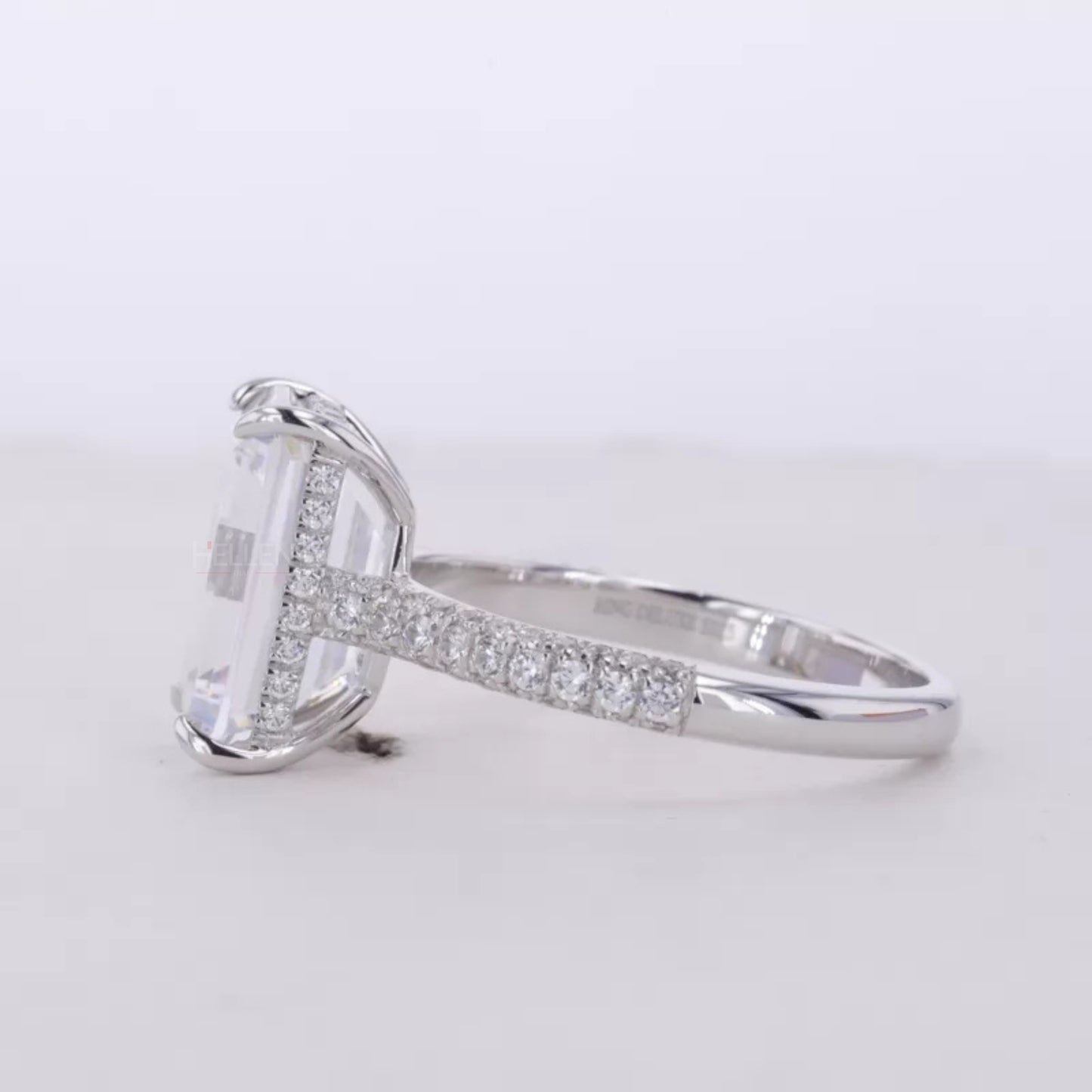 Emerald Cut Solitaire Moissanite Hidden Halo & Round Side Ring