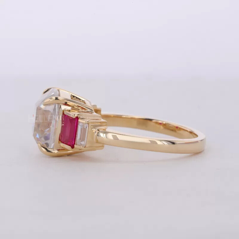 Cushion Old European Cut with Emerald & Ruby Side Stone Ring