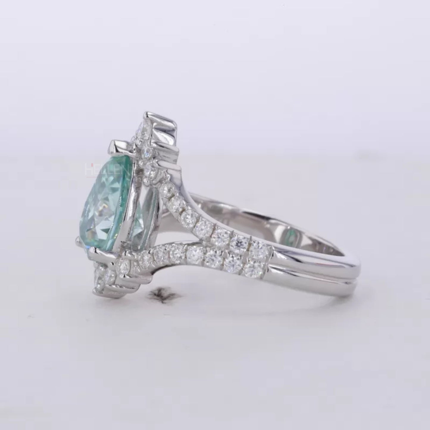 Blue-Green Pear & Round Moissanite Split Shank Engagement Ring