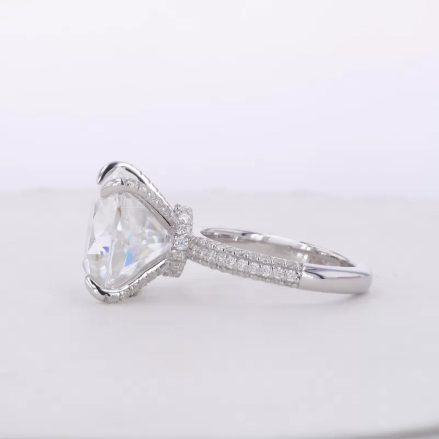 10 Ct Cushion Cut Solitaire Moissanite Hidden Halo & Round Side Ring