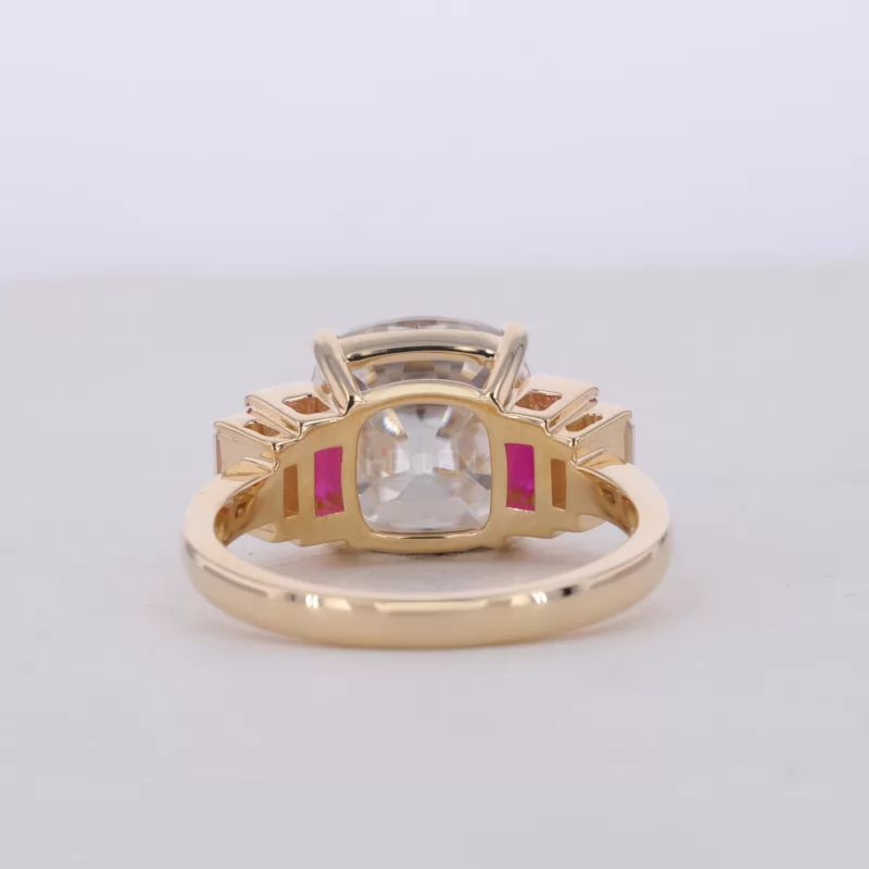 Cushion Old European Cut with Emerald & Ruby Side Stone Ring