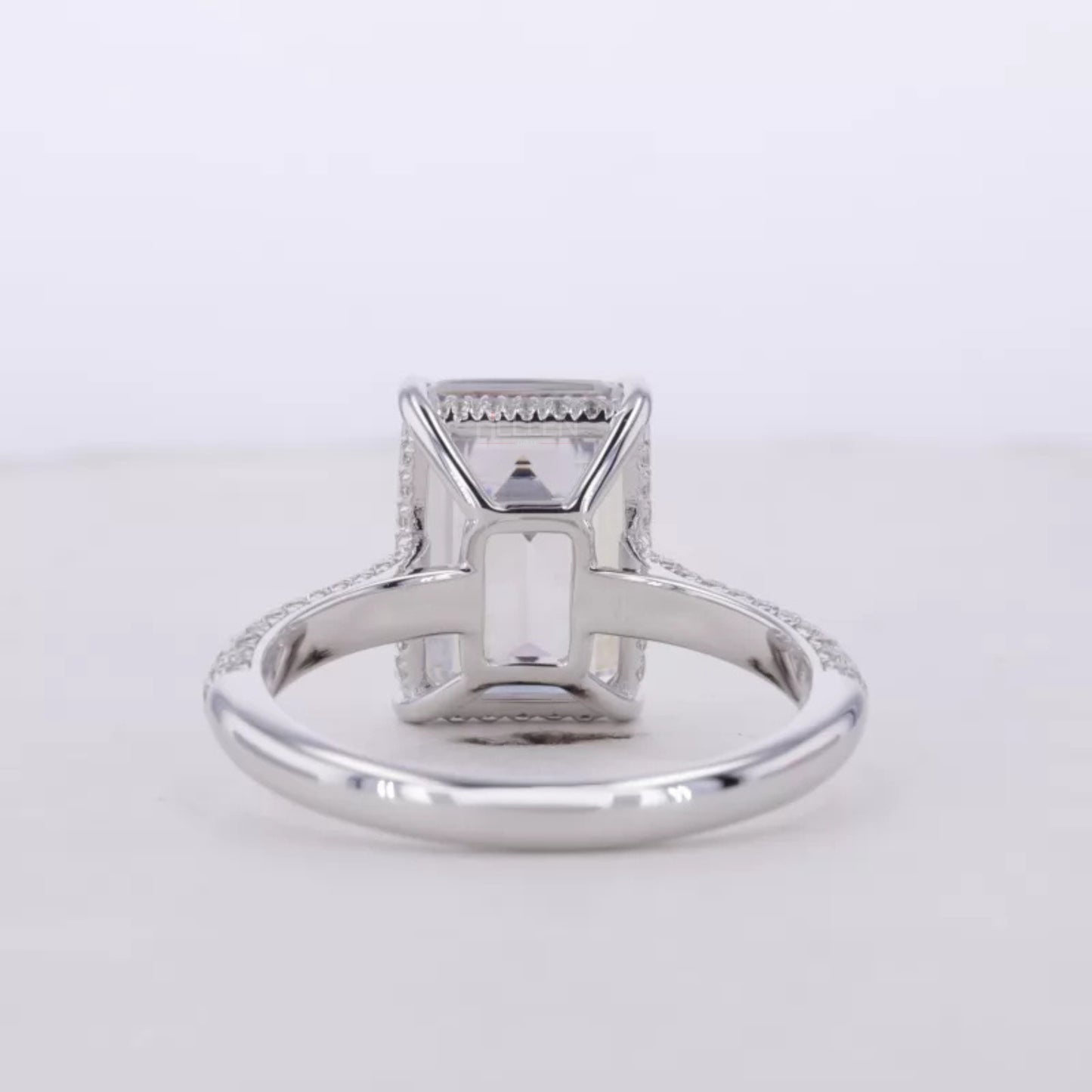 Emerald Cut Solitaire Moissanite Hidden Halo & Round Side Ring
