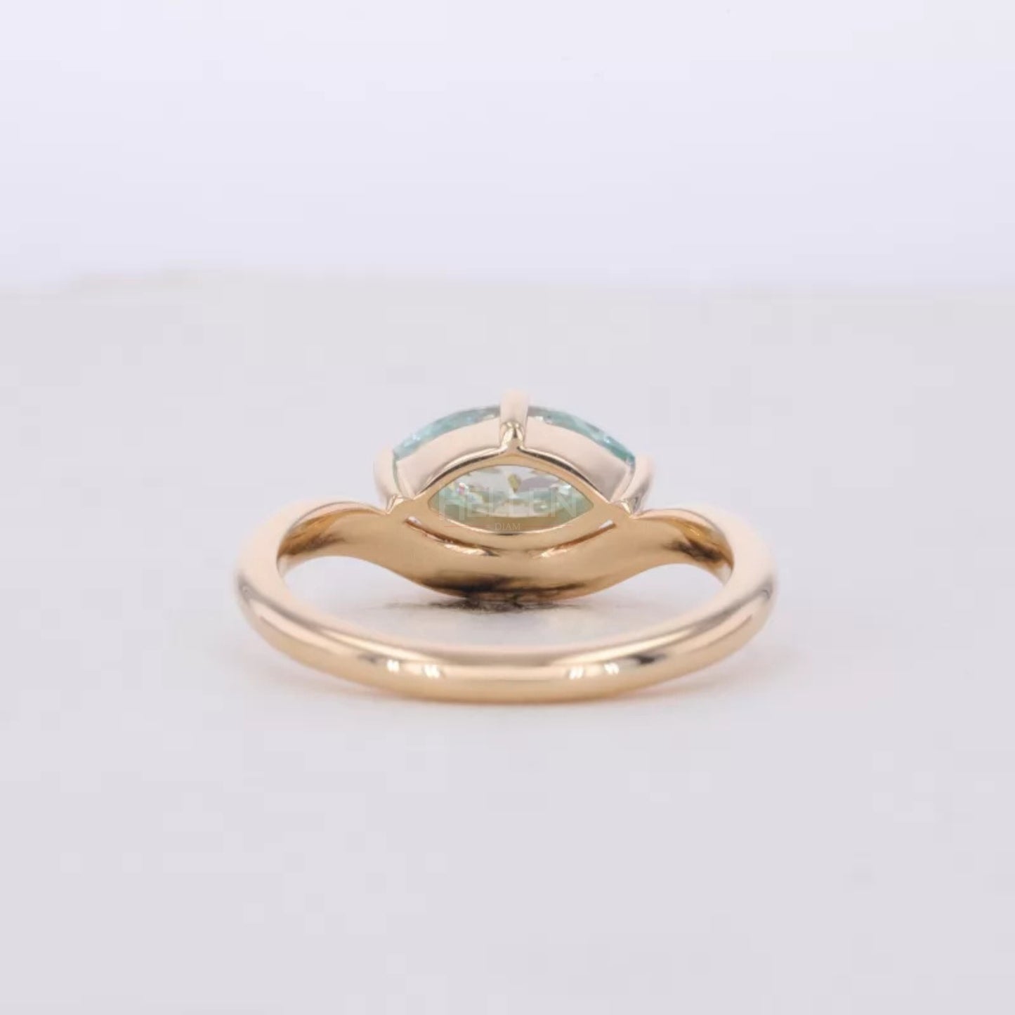 East-West Marquise Blue Green Moissanite Solitaire Proposal Ring