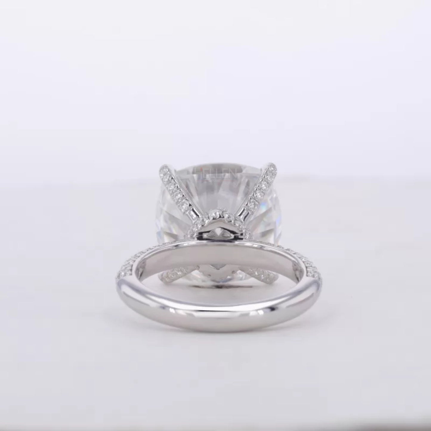 10 Ct Cushion Cut Solitaire Moissanite Hidden Halo & Round Side Ring