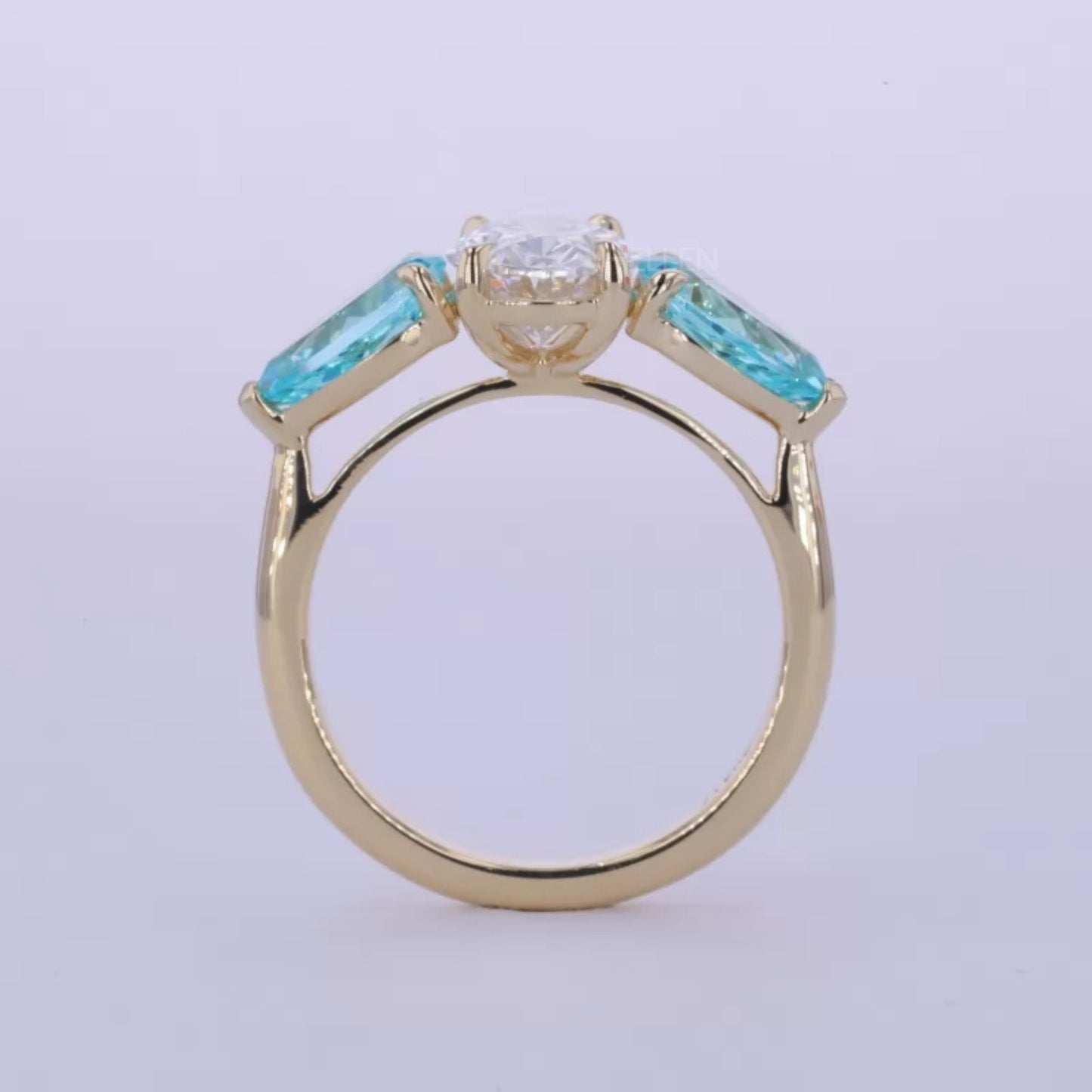 Aquamarine Pear & Oval Cut Moissanite 3 Stone Engagement Ring