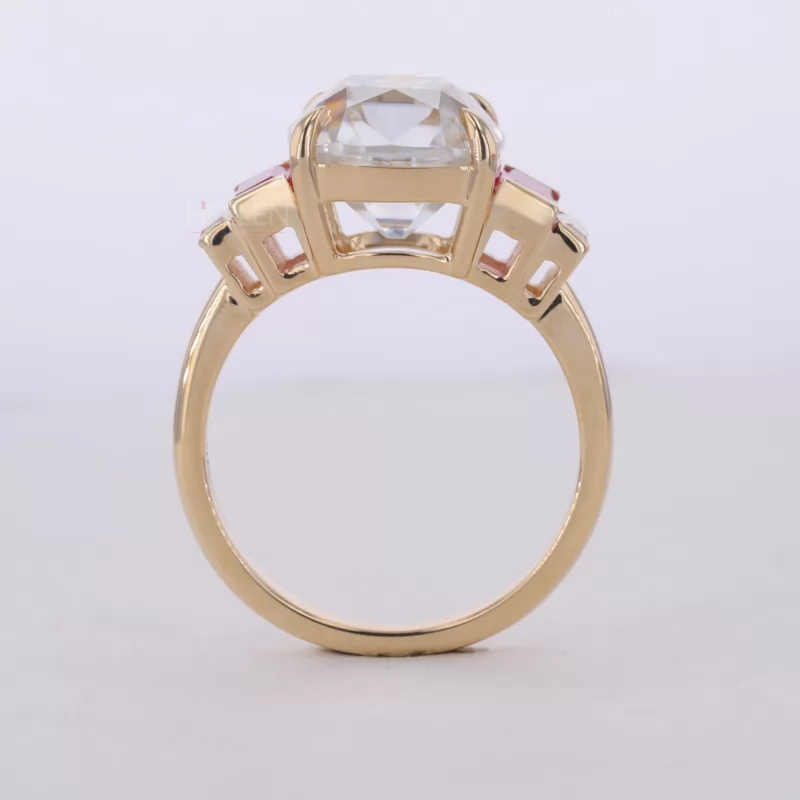 Cushion Old European Cut with Emerald & Ruby Side Stone Ring