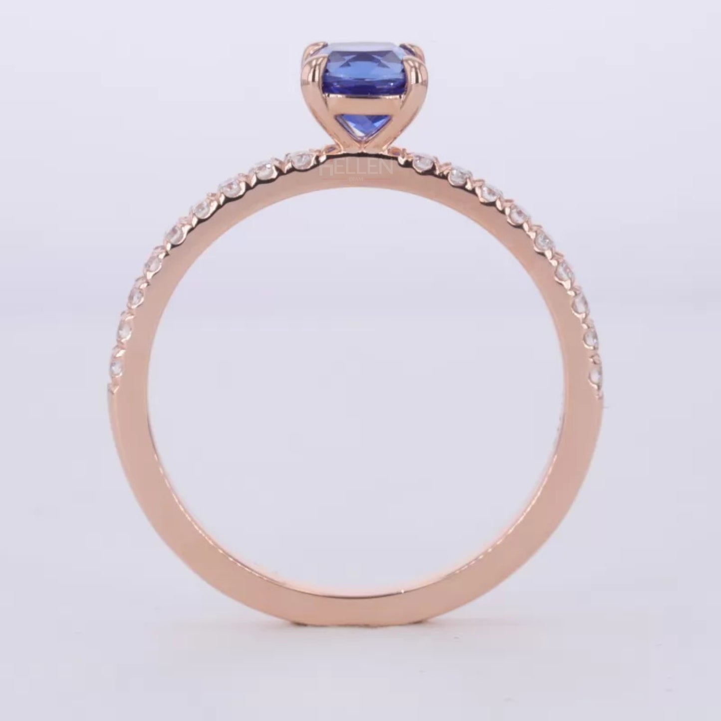 Cushion Cut Blue Sapphire Solitaire & Round Moissanite Ring