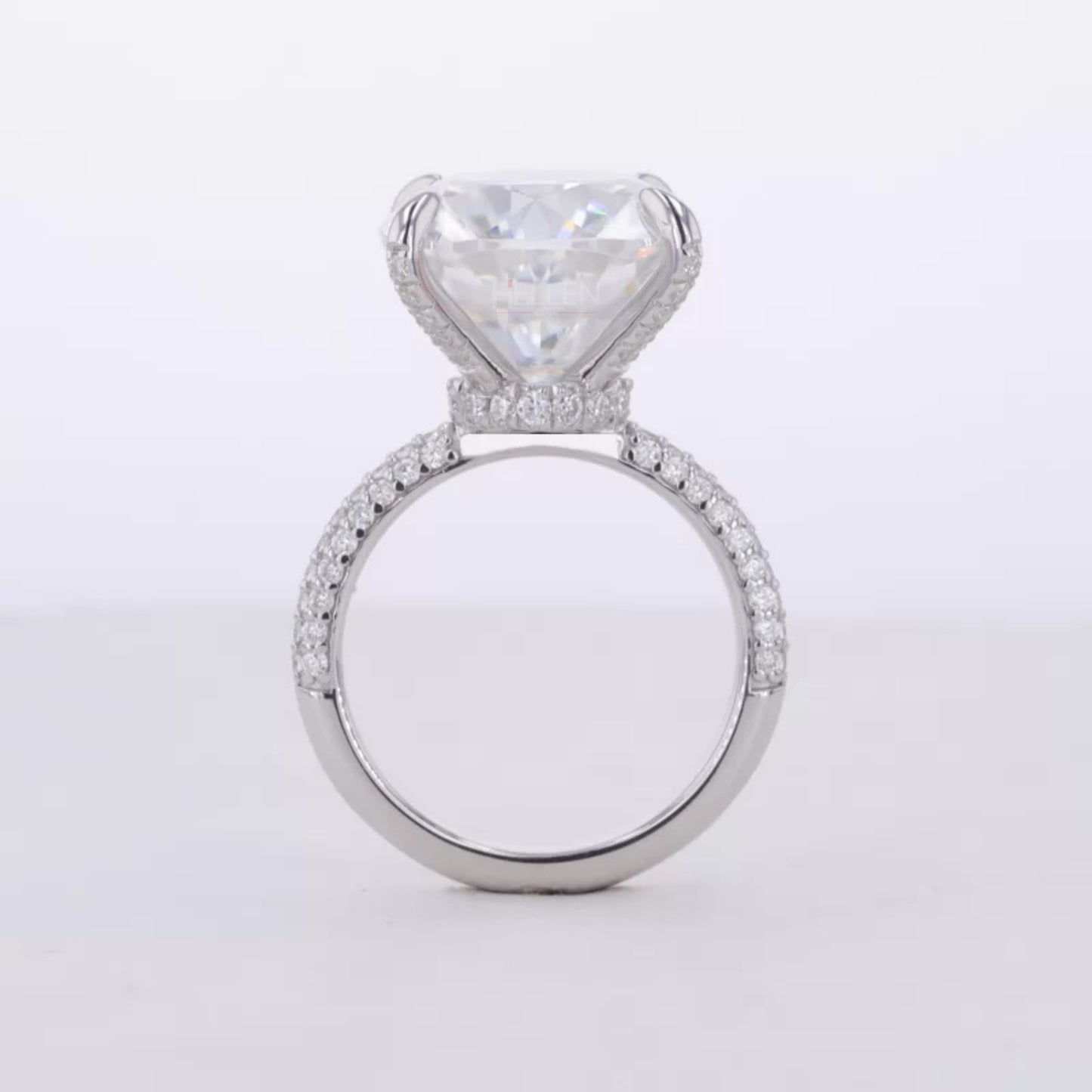 10 Ct Cushion Cut Solitaire Moissanite Hidden Halo & Round Side Ring