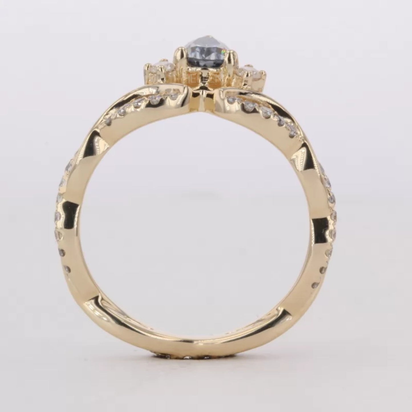 Round & Salt and Pepper Pear Cut V Curved Moissanite Wedding Band