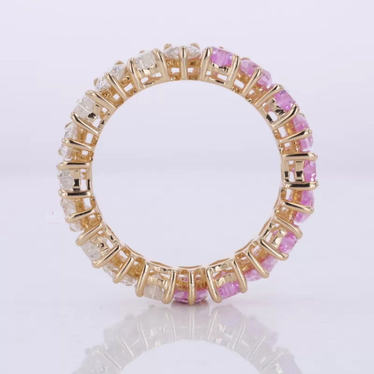 Half Pink Gemstone & Moissanite Heart Cut Wedding Band