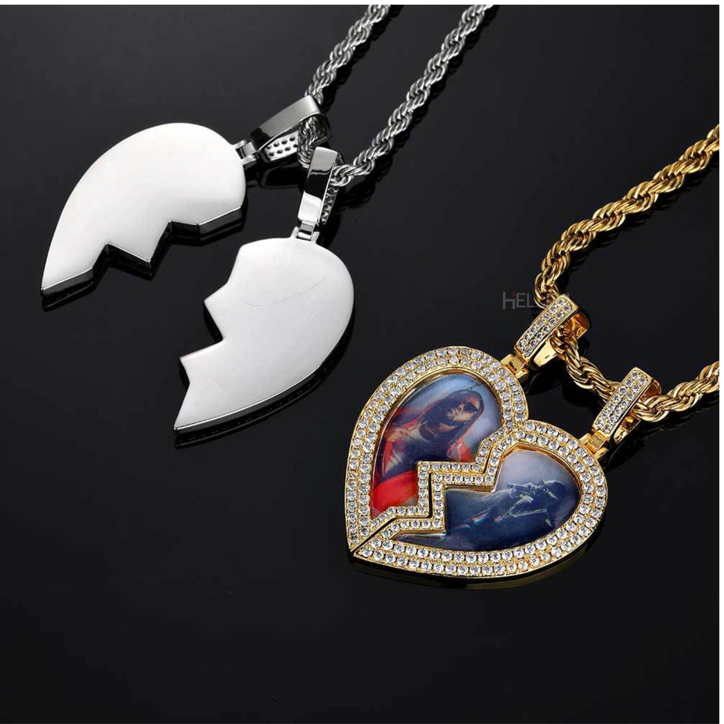 Customized 2 Half Heart Memory Pendent With Moissanite Space For 2 Pendants