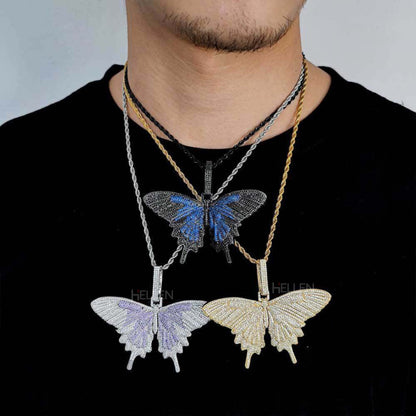 Butterfly Hip-Hop Pendant With Round Cut Moissanites And Gemstone.
