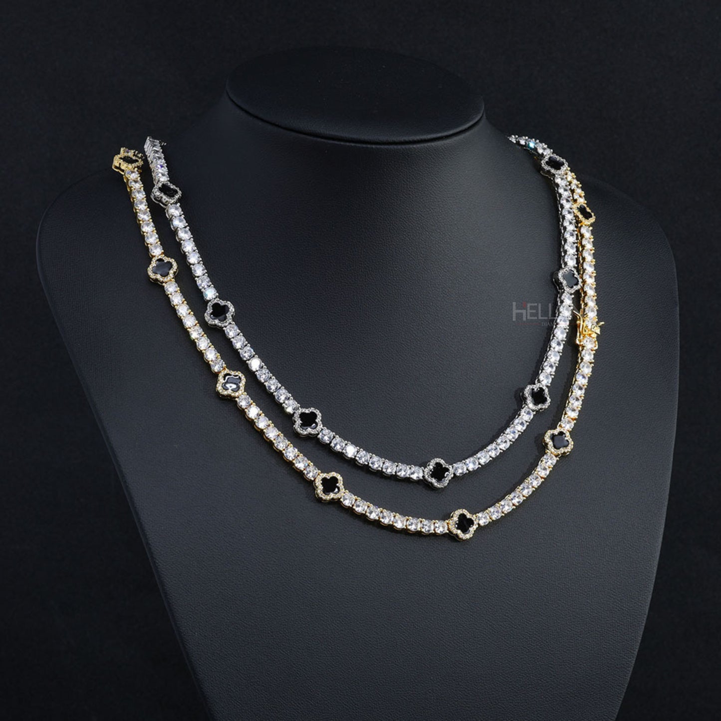 4MM black clover tennis chain with round moissanite – minimalist and unisex hip-hop accessory

