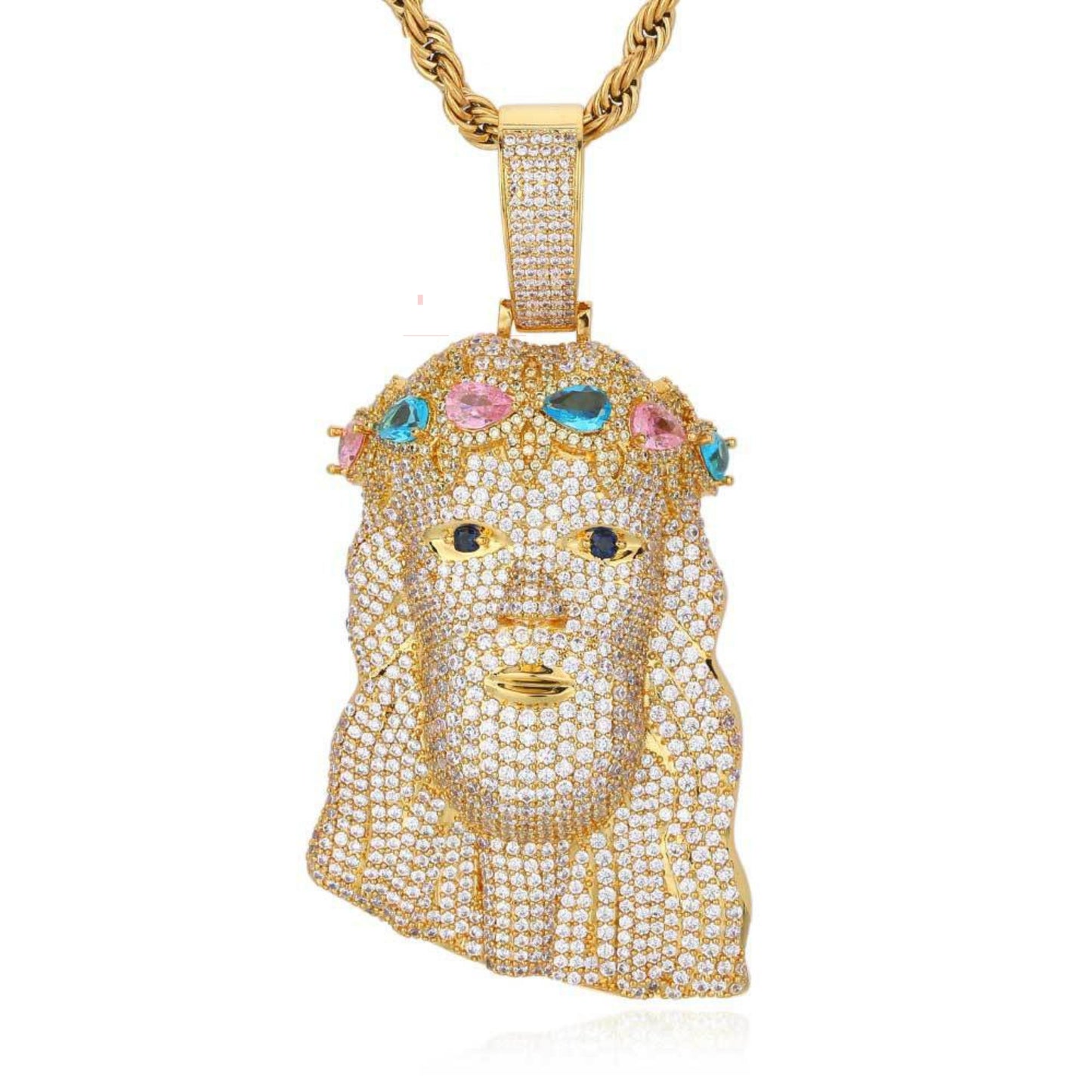 Men's Iced Out Jesus Head Inlaid Gemstone Pendent