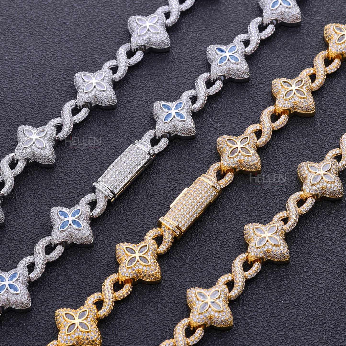 Iced-out hip-hop chain with infinity and clover links – moissanite and gemstone fusion design for bold wear

