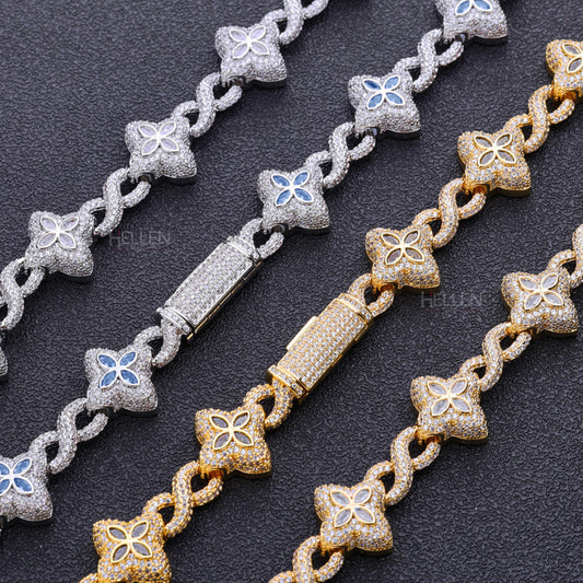Iced-out hip-hop chain with infinity and clover links – moissanite and gemstone fusion design for bold wear

