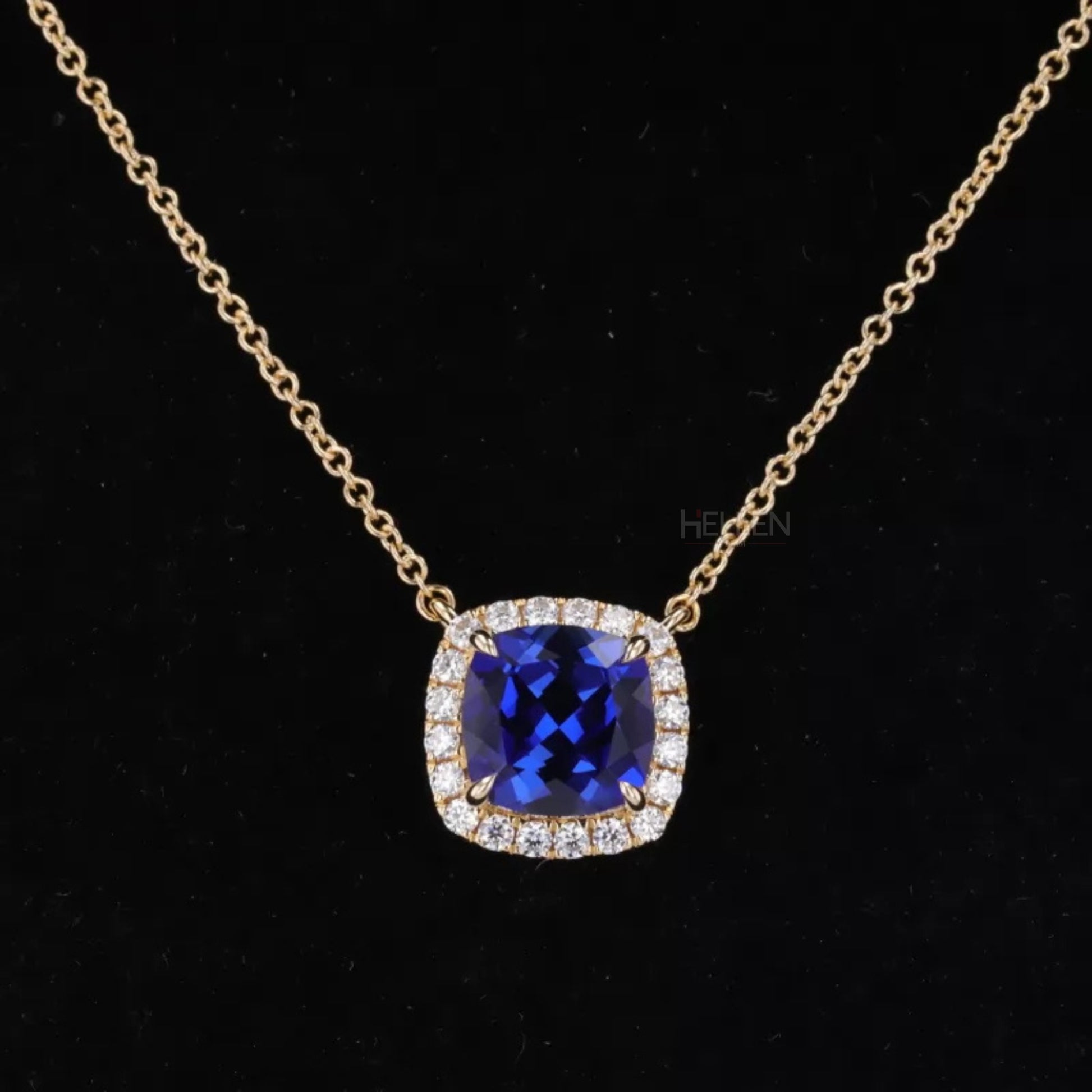 Cushion cut blue sapphire halo necklace with moissanite and dual loops – royal charm with brilliant sparkle

