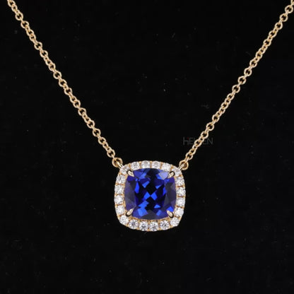 Cushion cut blue sapphire halo necklace with moissanite and dual loops – royal charm with brilliant sparkle

