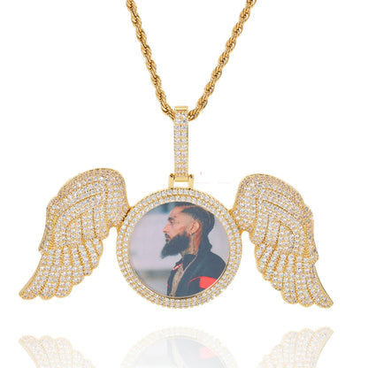 Customized Angel Wings Memory Pendent With Round Cut Moissanite