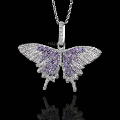 Butterfly Hip-Hop Pendant With Round Cut Moissanites And Gemstone.