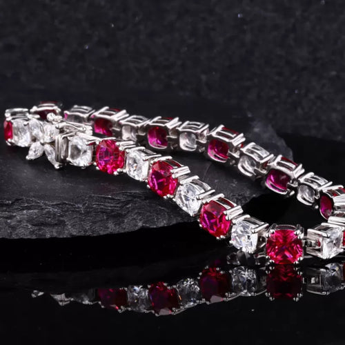 Cushion Cut Ruby & Moissanite Alternating Tennis Bracelet with Lock