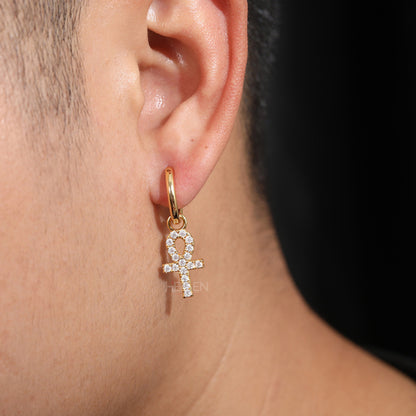 Men's Ankh Cross Dangle Earrings With Round Cut Moissanite
