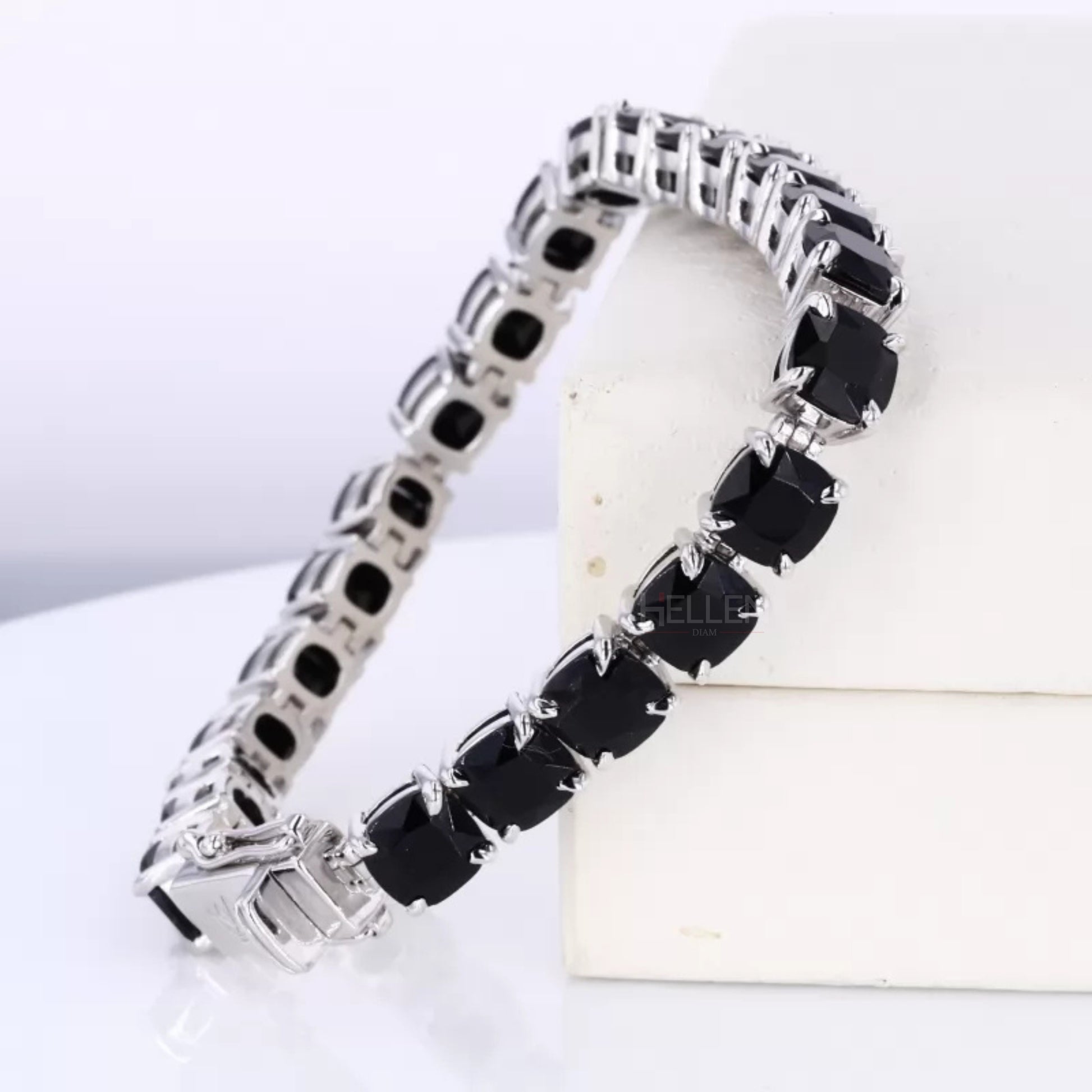 Cushion cut black moissanite tennis bracelet with 4 prong setting – edgy and stylish bracelet for him or her