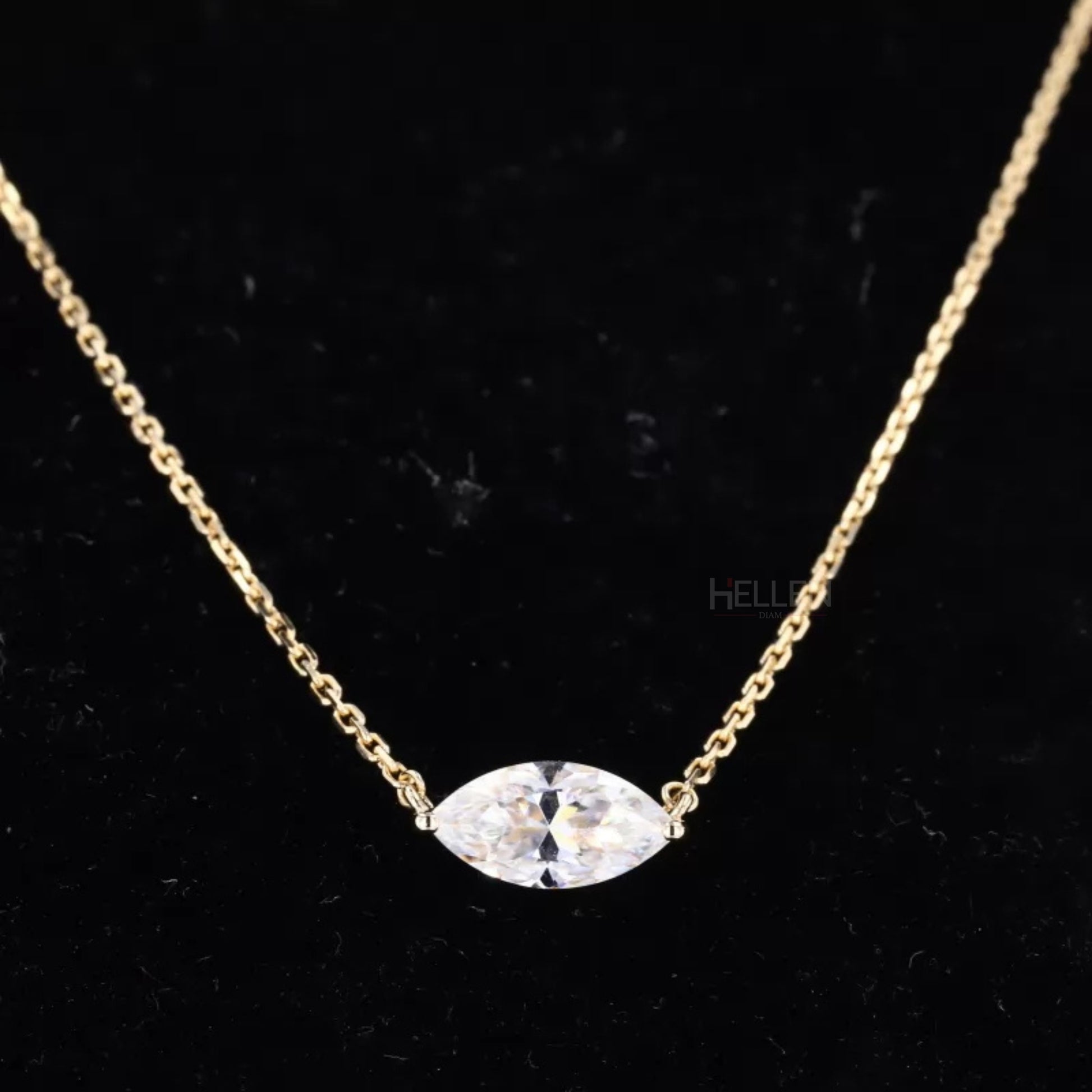 East-west solitaire necklace with marquise cut moissanite – sleek and modern twist on a classic cut

