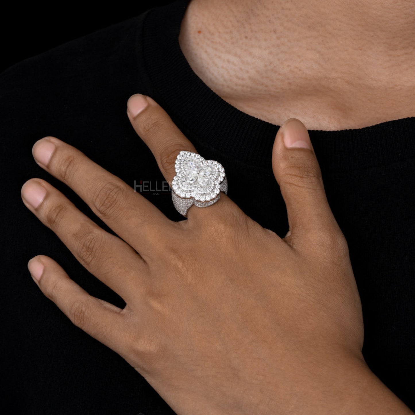 4 Leaf Clover Iced Out Ring With Round, Pear & Baguette Moissanite