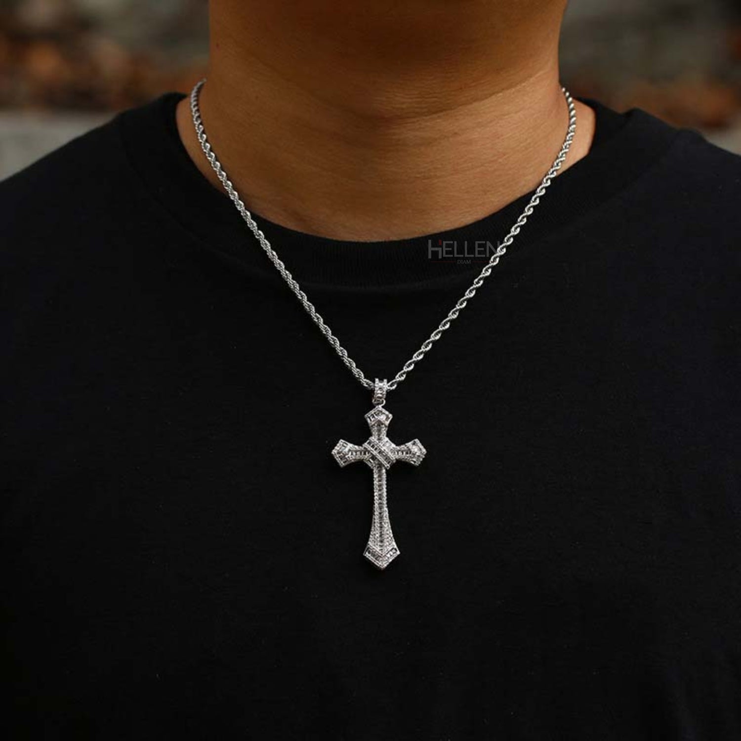 Long cross pendant with round and baguette moissanite – iced-out religious hip-hop necklace with layered shine