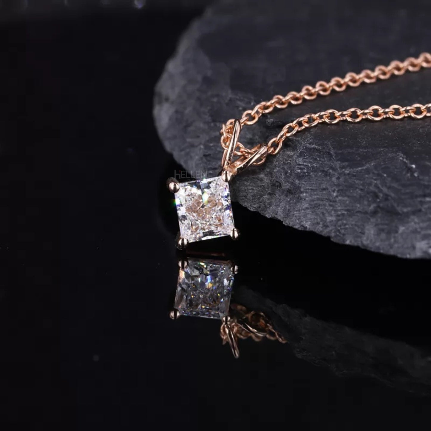 Princess cut moissanite solitaire necklace with dual loop and 4-prong setting – modern square brilliance

