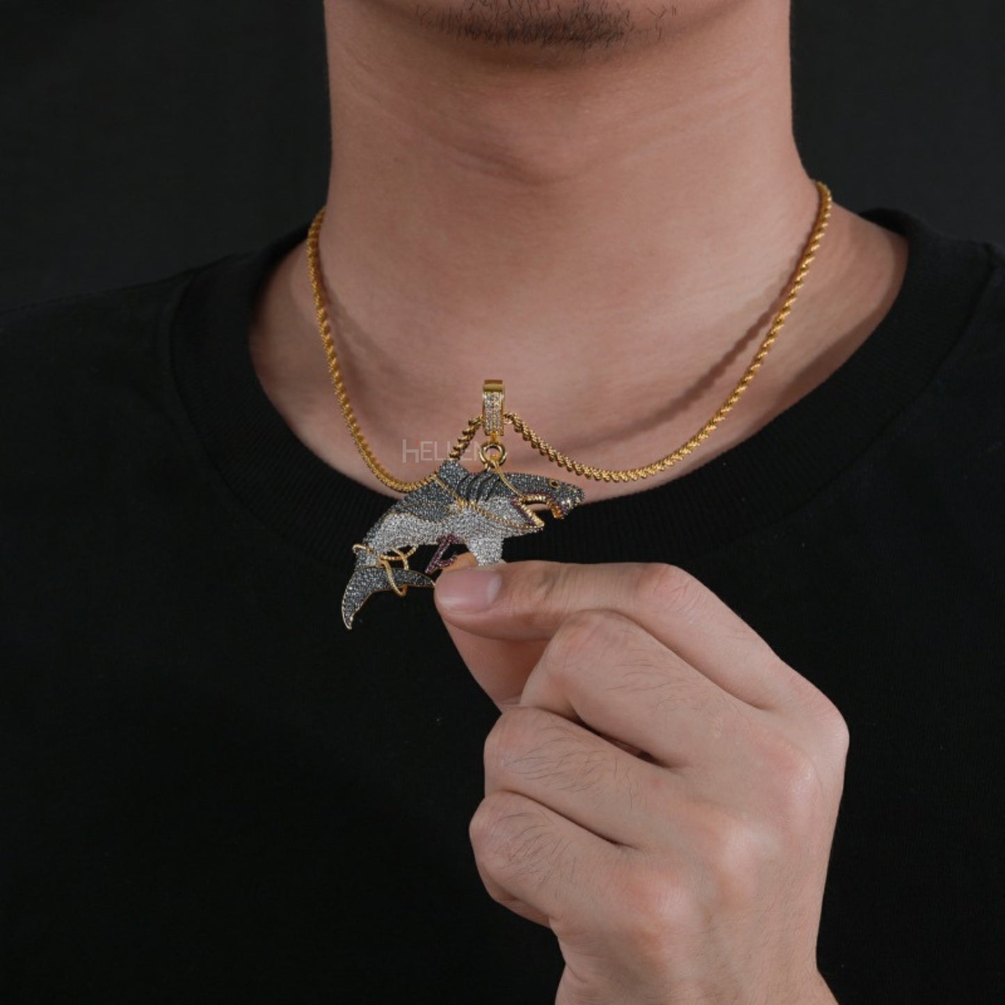 Iced Out Haunted Shark Pendant With Rope Chain
