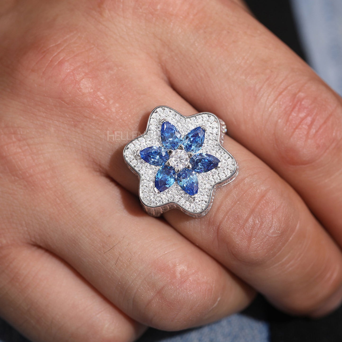 6 Pointed Star Blue Gemstone & VVS Moissanite Bling Ring