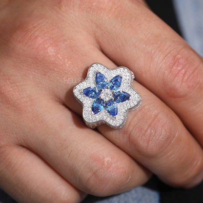 6 Pointed Star Blue Gemstone & VVS Moissanite Bling Ring